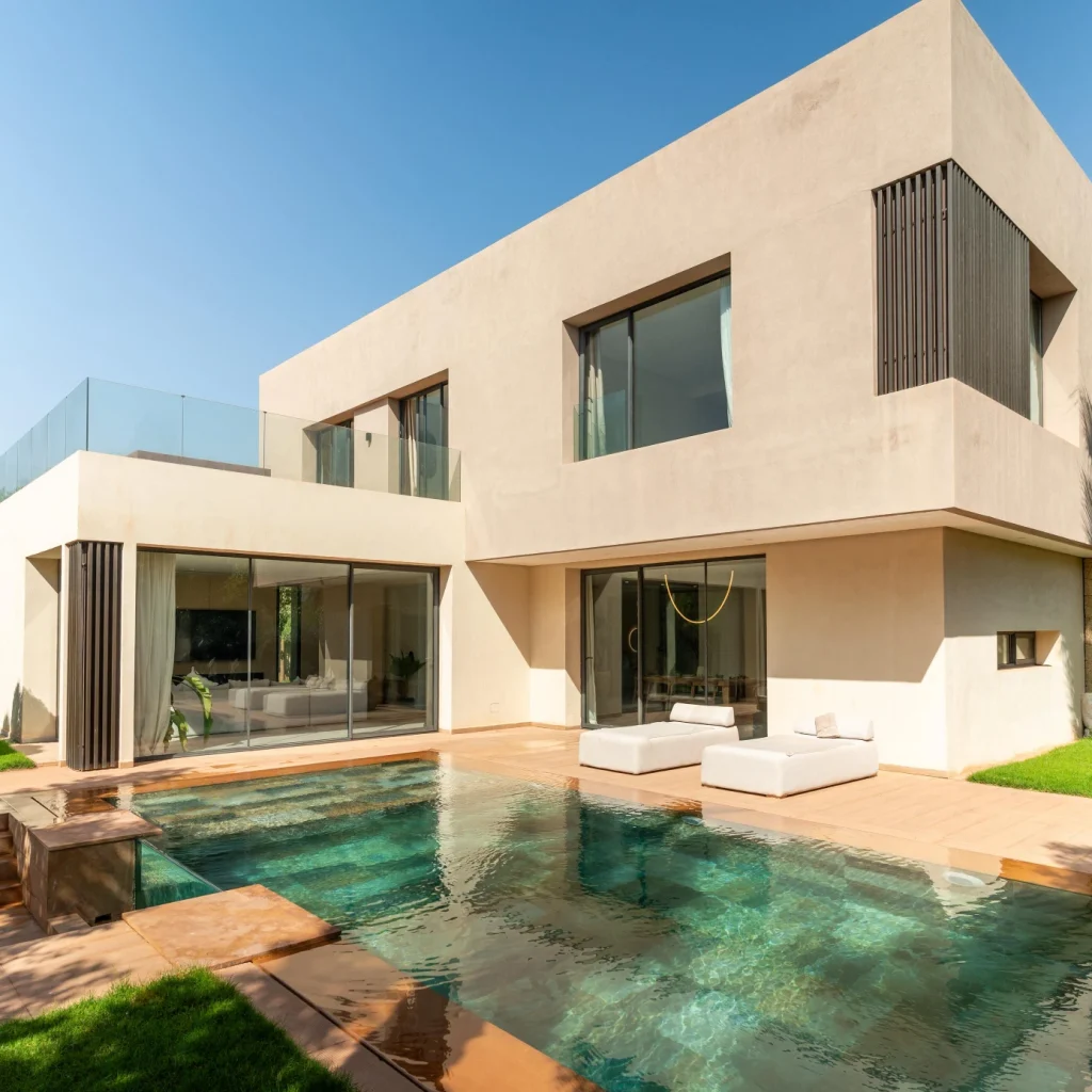 Villa luxe Marrakech golf avec piscine privée et jardin élégant